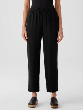 Eileen Fisher Black Silk Georgette Crepe Tapered Pant L minimalist chic